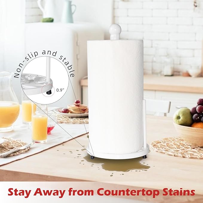 White Cast Iron Paper Towel Holder for Kitchen Countertop - Vintage Floral Standing Dispenser with Heavy Weighted Base, Farmhouse Decor, Fits Jumbo Rolls, One-Handed Tear