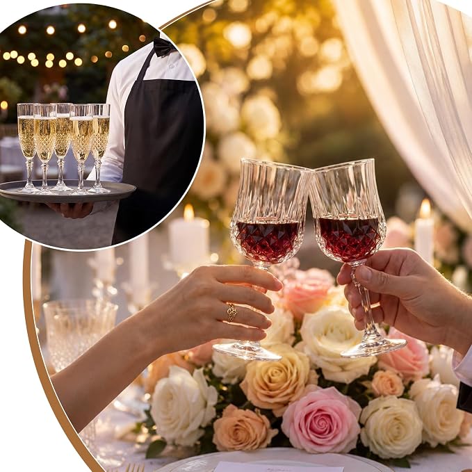 Sliner 24 Pack 8 oz Plastic Vintage Champagne Flutes and 7 oz Wine Glasses, 12 Champagne Glass, 12 Plastic Goblet Cups Unbreakable Crystal Water Glassware for Party (Clear)