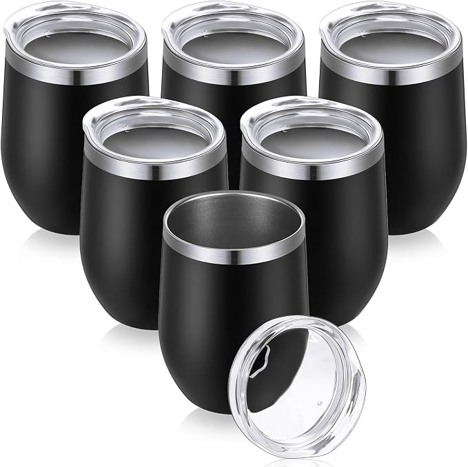 Remagr 6 Pack Stainless Steel Wine Tumblers 12 oz Insulated Vacuum Wine Cup Set Double Wall Stainless Steel Stemless Mug Glasses for Coffee Soda Whiskey Outdoor Travel (Black)