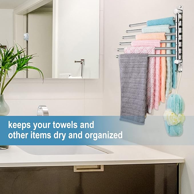 6-Arm Swivel Towel Bar, 180°Rotating Towel Rack Wall Mounted, 304 Stainless Steel Rustproof Heavy Duty Towel Holder for Bathroom Kitchen Laundry Room, Space Saving, Brushed Nickel Finish