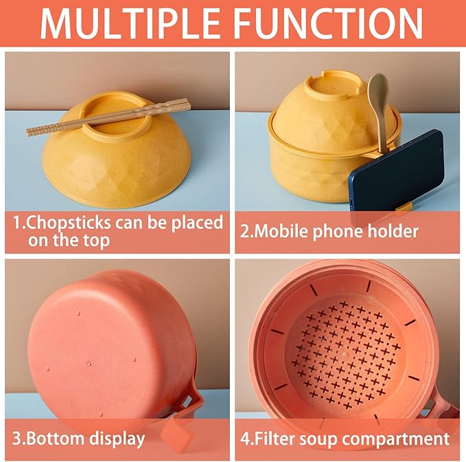 2 Sets Microwave Ramen Bowl 40 oz Wheat Fiber Portable Instant Noodle Cooker Bowl with Handles Strainer Spoon Chopstick Fork College Dorm Room Apartment Essentials(Yellow,Orange)
