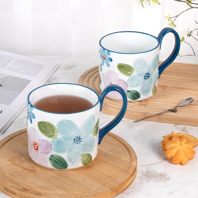 KAMMAK Ceramic Coffee Mug, 13.5oz Blue Mugs Set of 2, Novelty Cup for Tea, Juice, Milk, Cute Porcelain Water Cups with Handle for Women, Dishwasher and Microwave Safe