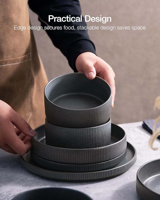 Famiware Star Dinnerware Set with Mugs, Service for 6 (24 Pieces), Ribbed Stoneware Plates and Bowls Dishes Sets - Chip & Scratch Resistant, Microwave & Dishwasher Safe, Matte Dark Charcoal