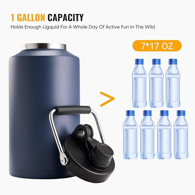 Insulated Gallon Jug with Handle, One Gallon, 128oz Stainless Steel, Large Double Vacuum Water Bottle for Cold Drinks, Wide Mouth, Sweat Proof, Carrier bag, Great for Travel, Camping, Dark Blue