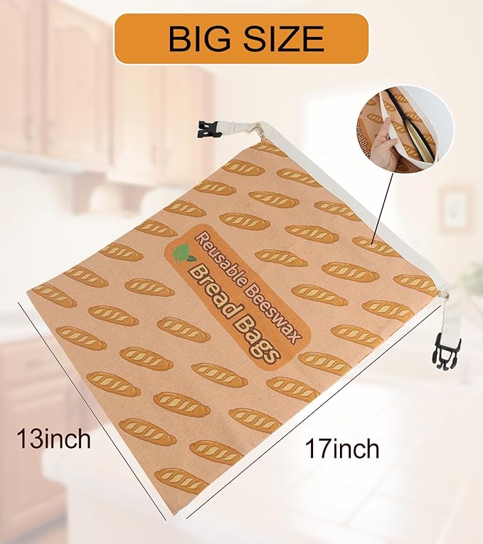 2 Pack Beeswax Bread Bags for Sourdough and Homemade Bread, Reusable Organic Linen Beeswax Bread Bag Eco-Friendly Fresh Food Storage, Moisture Lock– Freezer-Friendly with Sealing Zip (13x17in, XL)