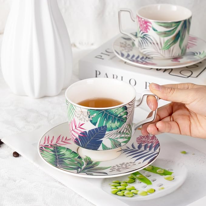 KAMMAK Tea Cups and Saucers Set of 2, Porcelain Coffee Cups, Stackable Espresso Mugs, Ceramic Demitasse for Coffee, Latte, Americano, Tea, Mystery
