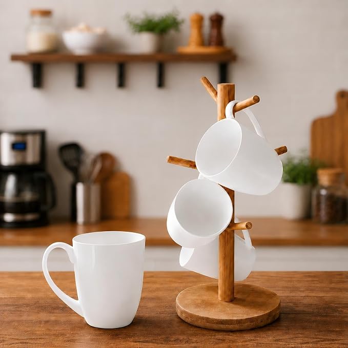 Plain White Fine Bone China Blank Coffee Mugs Set of 4, 11 Oz Tea Cups with Large Handle, Lightweight Ceramic Coffee Mugs, Aesthetic Coffee Cups