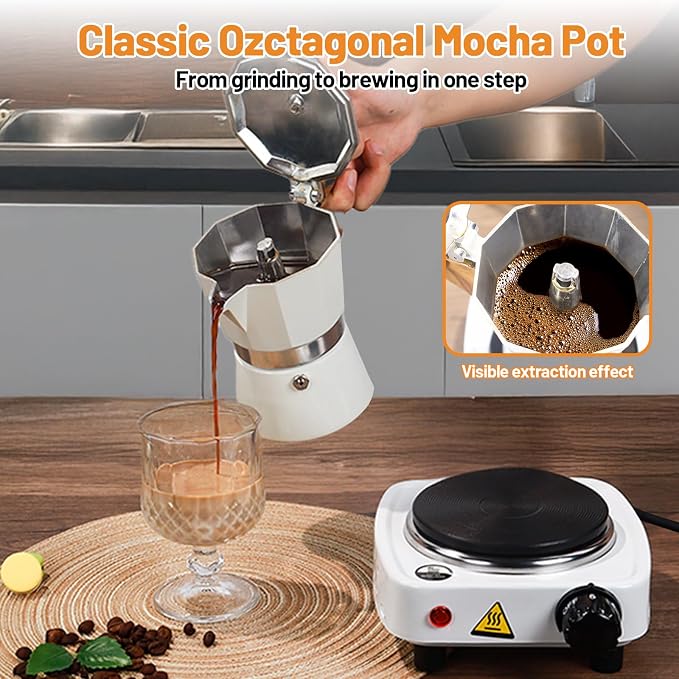 2-in-1 Aluminum Moka Pot Set with Electric Stove Classic Stovetop Espresso Coffee Maker 150ml 5oz Mocha Express Portable Gift Camping Travel Preferred Cafe Italian Cuban Café Brewing 3 Cup