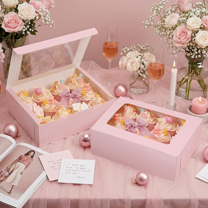 Moretoes 3PCS Cupcake Boxes with Window,Hold 12 Count Cupcake Containers for Cupcakes, Desserts, and More (Pink)