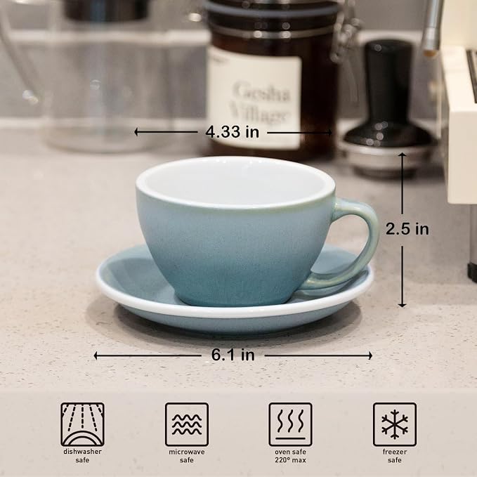Loveramics Matt Cappuccino Cup, 10 oz Ceramic Latte Art Mug with Saucer, Thick-walled stoneware cup Set, Barista Latte Cup Set for Latte, Cappuccino, Tea - Mineral Colors (Glacier, 10OZ)