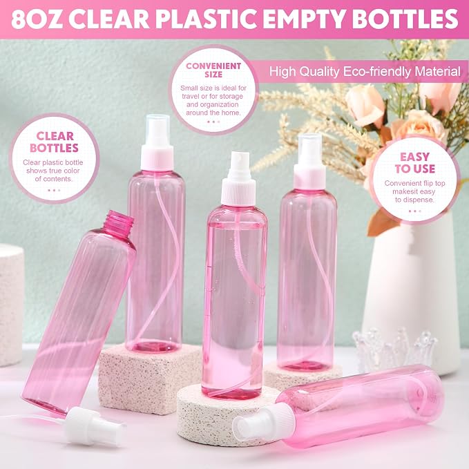 Eccliy 32 Pcs 8 oz Spray Bottles Fine Mist Plastic Spray Bottles Clear Empty Sprayer Hairs Refillable Travel Sprayer with Pump Cap for Cleaning Oils Travel Perfumes(Pink,Clear)