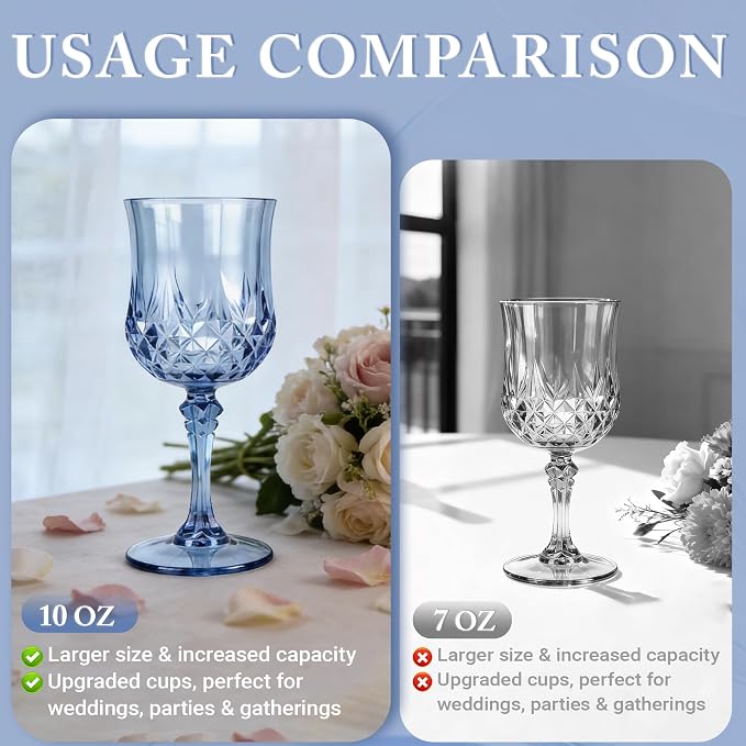 30 Pack Plastic Wine Glasses,10oz Unbreakable Vintage Style Goblets,Reusable Crystal Like Drinking Glass for Wedding Reception, Party Supplies (Blue)