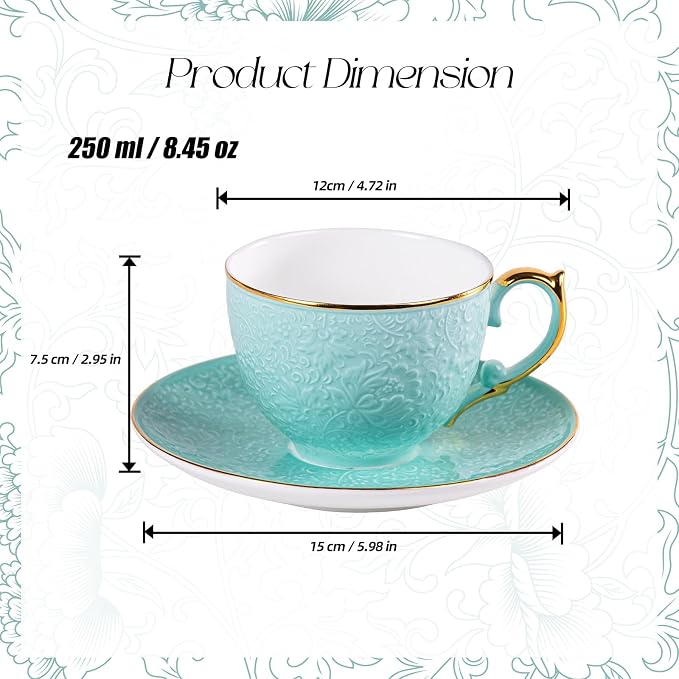 KAMMAK Tea Cups and Saucers Set of 2, Fine Bone China Coffee Cups, Stackable Espresso Mugs, Ceramic Demitasse for Coffee, Cappuccino, Latte, Americano, Tea, Uncaria (White + Blue)