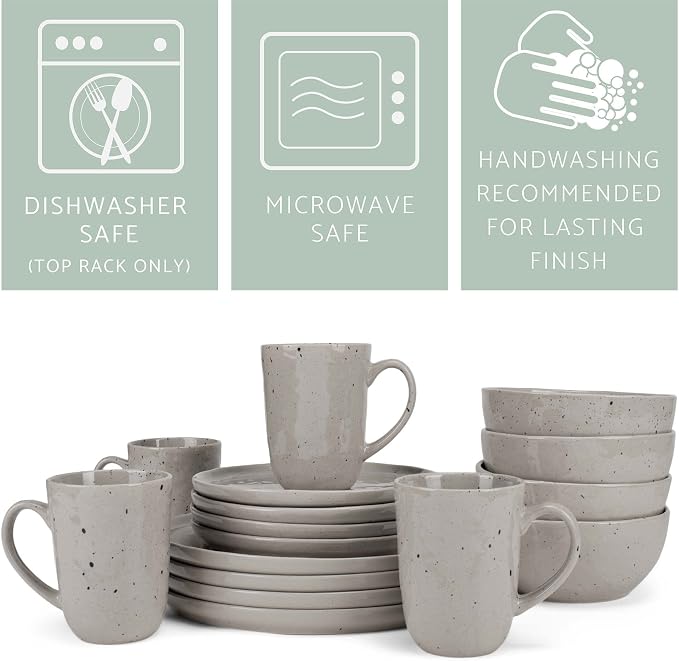 Elanze Designs Shiny Speckled Western Country Style Ceramic Plates Bowls Mugs Dinnerware 16 Piece Set - Service for 4, Grey
