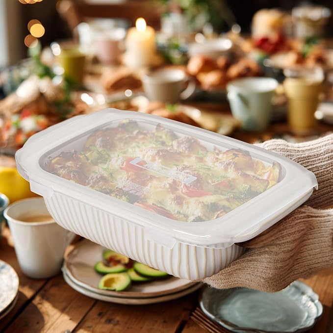 Artena Baking Dish 2.3 Quarts, Casserole Dishes For Oven, Baking Pan With Handles, Lasagna Pan Deep, Large Casserole Dish, Rectangular Ceramic Bakeware (White, With Lid)