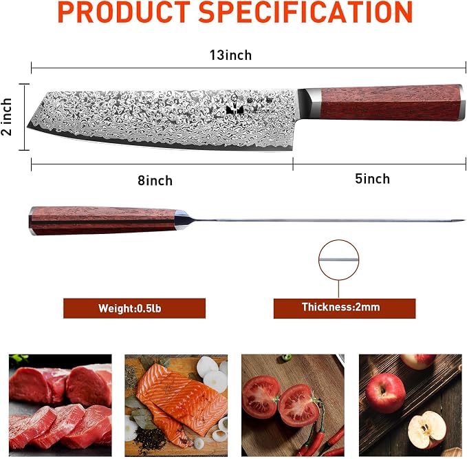 Kiritsuke Damascus Chef Knife 8 inch Kitchen VG-10 Damascus Super Steel 67-Layer Razor Sharp Kiritsuke Knife with Natural Wood Handle Exquisite Box for Home and Restaurant