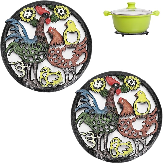 Sumnacon 2Pcs Round Cast Iron Trivets - 8 Inch Heat Resistant Iron Trivets for Hot Dish Pot Pan Plate Teapot, Rustic Metal Hot Dish Plate Holder for Kitchen Dining Table Countertop Cooktop