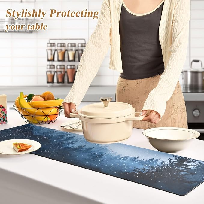 2-in-1 Table Runner Trivet for Hot Dishes Heat Resistant Hot Plate Mat Pad 39x12 Inch Waterproof Table Protector Trivets for Countertop Decorative Watercolor Winter Mountain Blue