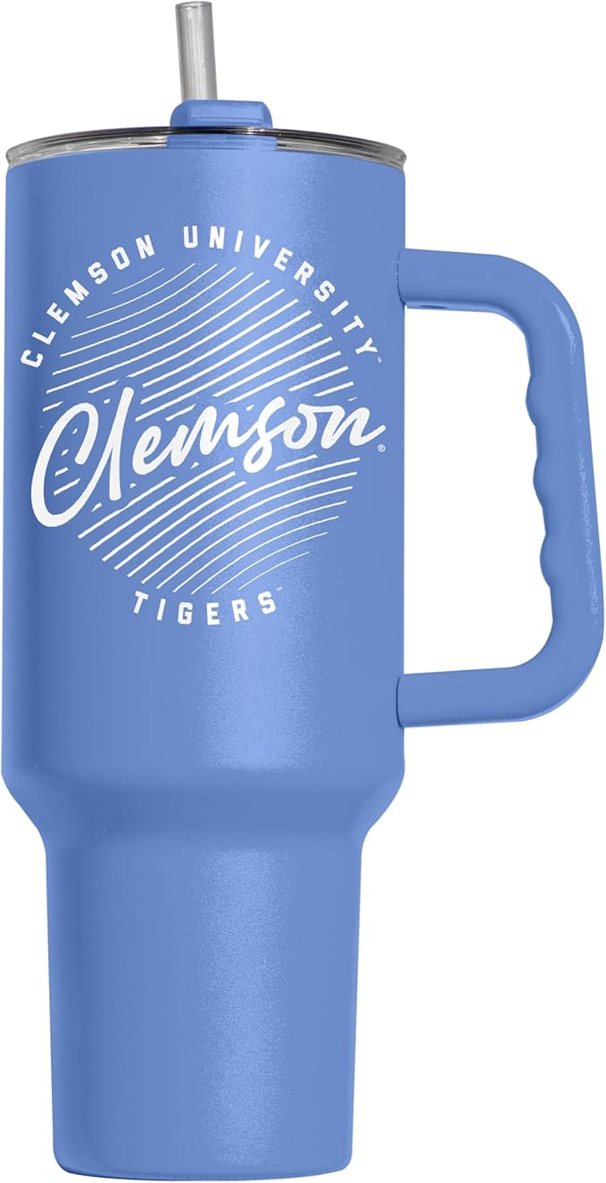Logo Brands NCAA Clemson Tigers Retro Script Arctic 40 oz Tumbler with Handle - Stylish Everyday Use Powder Coated-Stainless Steel with Straw- Keeps Cold For Hours