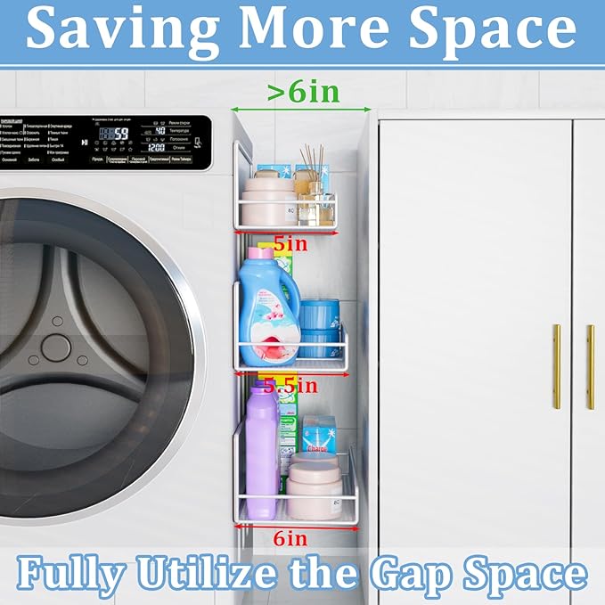 DTUQYX Magnetic Shelf for Washing Machine 4-Pack: Widen Magnetic Laundry Organizer (5"-6") with Hanger Organizer, Strong Magnet, Rust Proof, Heavy Duty Magnetic Spice Rack for Refrigerator (White)
