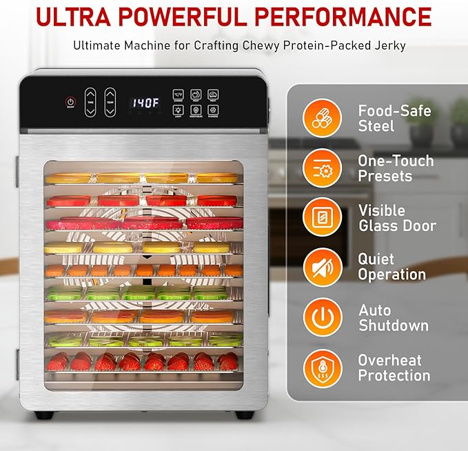 Commercial Food Dehydrator 10 Trays, 9.1ft² Large Capacity Food Dryer Machine for Jerky, 800W Food Dryer with 194°F Temp & 24H Time Control for Herbs, Fruit, Meat, Yogurt