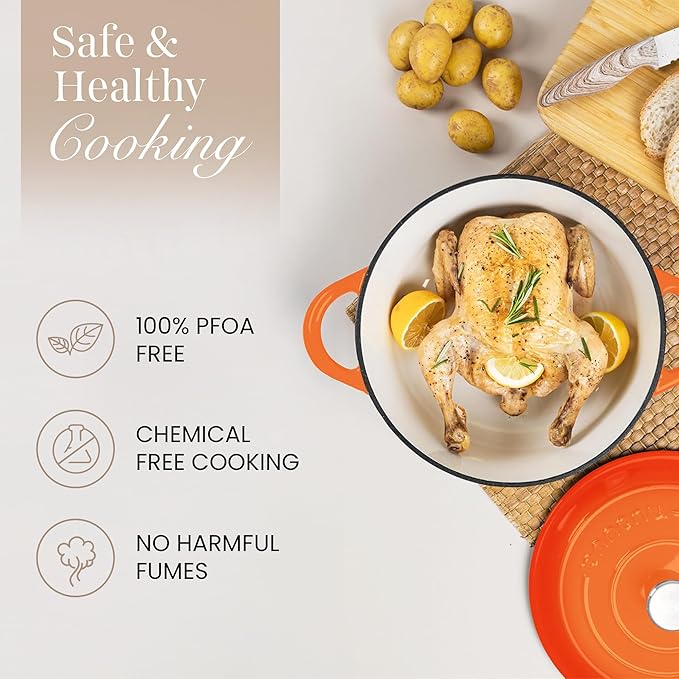 Nuovva Enamelled Cast Iron Dutch Oven Pot with Lid-6.4 Quart Non Stick Casserole Pot-Heavy Duty & Oven Safe up to 500° F for Bread Baking, Braising, Stews, Roasting - 28cm Orange