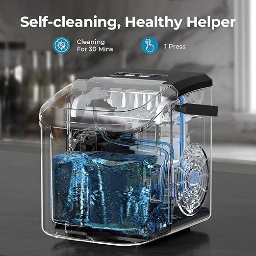 Countertop Ice Maker Machine, 8 Ice Cubes in 6 mins, 26lb/Day Ice with 2 Sizes- Portable Mini, Energy Saving & Basket/Scoop for Home/Party/Travel/Camping/Bar,Black