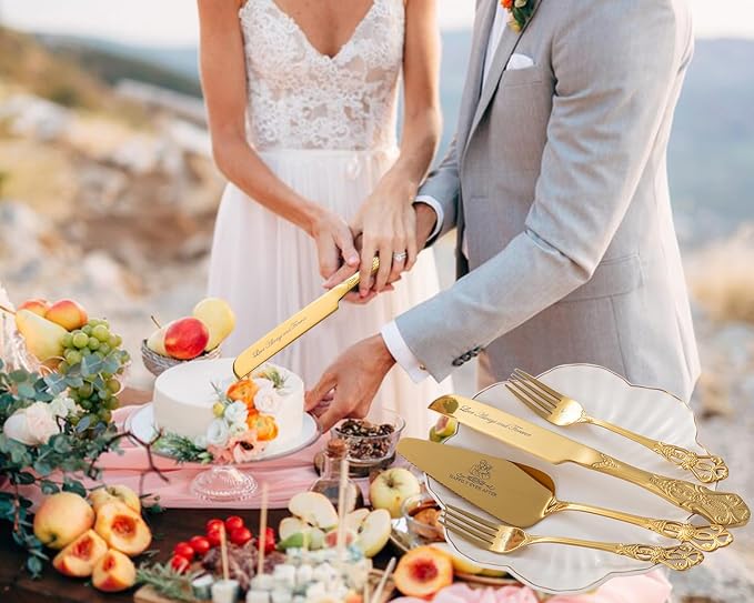 Wedding Cake Knife and Server Set, Mr and Mrs Champagne Flutes with Gold Cake Cutting Set for Wedding Bridal Shower Gifts