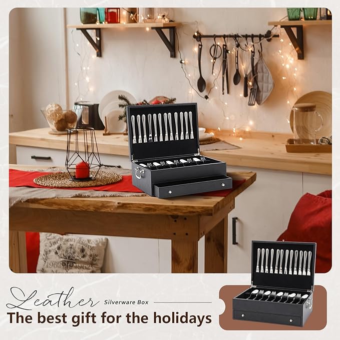 DoubleFill 2 Layer Leather Silverware Storage Box with Lid and Handles, Anti Tarnish Silverware Storage Chest Case with Felt-lined for 12-16 or More Sets of Utensils Flatware Gifts, 15.3x11.2x5.7 Inch