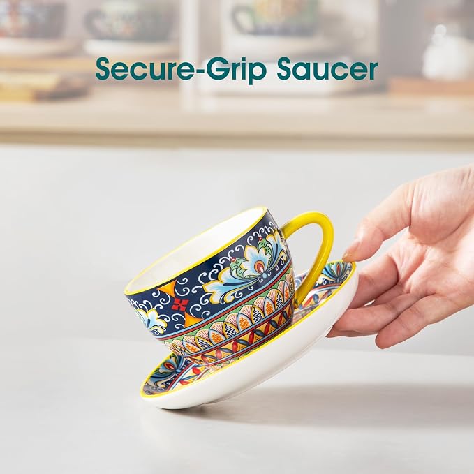 vancasso 8 oz Cappuccino Cups with Saucers Set of 6, Bohemian Ceramic Coffee Cup for Latte, Tea, Espresso, Microwave & Dishwasher Safe - Porcelain Tea Cups and Saucers for Kitchen or Cafe