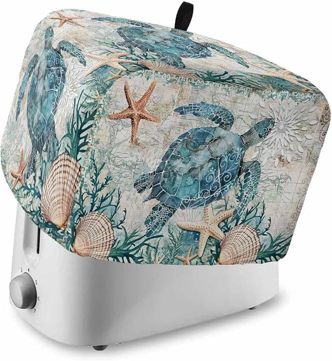 Teal Sea Turtle Toaster Cover 4 Slice, Coastal Coral Ocean Dustproof Bakeware Oven Protector with Top Hook, Nautical Vintage Waterproof Small Kitchen Appliance Toasters Dust Cover, 12"x11"x8"