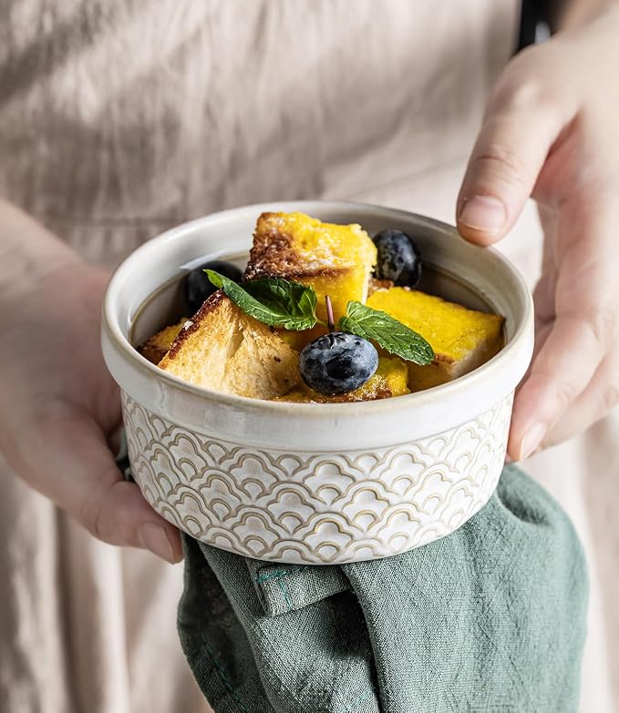 12 oz Ramekins with lids Oven Safe, Ceramic Creme Brulee Ramekins with Covers, Cute Ramekin Sets, Small Serving Baking Bowls food storage containers set of 4, Beige Cloud