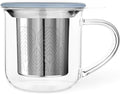 VIVA Minima Eva Glass Tea Cup with Mesh Infuser - Coffee Mug With Porcelain Lid/Saucer - 14 oz / 400 ml, Hazy Blue