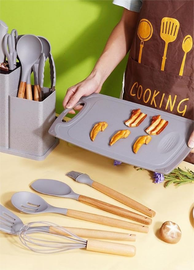 19 in 1 Kitchen Utensils and Knife Set with Storage, Include 11 Piece Silicone Cooking Utensils 5 Pcs Sharp Stainless Steel Chef Knives Scissors Whisk Tongs and Cutting Board GrEY