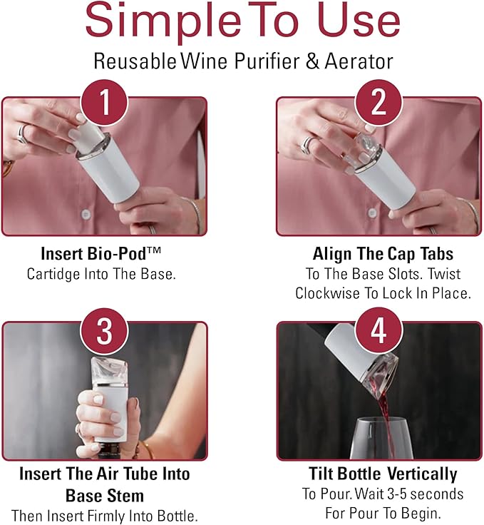 PureWine Phoenix Wine Aerator Pourer Spout - Removes Histamines & Sulfites as You Pour, Red & White Wine Purifier Filter, Helps Allergies & Headaches, Restores Oxidized Bottles- Starter Kit, White