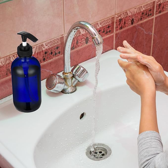 Tanlade 24 Pcs 8 oz Glass Pump Bottle Empty Bottle Glass Soap Dispenser with Pump Refillable Containers and Labels Funnels for Essential Oils Cleaning Products Lotions Conditioner(Blue)