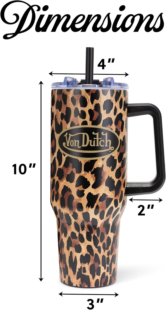 Von Dutch Leopard 40oz Double Walled Insulated Food Grade Stainless Steel Tumbler, BPA Free - 24 Hours Cold / 10 Hours Hot