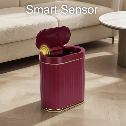 ELPHECO 2 Gallon Sensor Trash Can - Motion Sensor Bathroom Garbage Can with Lid, Automatic IPX5 Waterproof Trash Bin, Slim Garbage Bin for Bathroom, Office, Bedroom, Living Room, Burgundy Gold