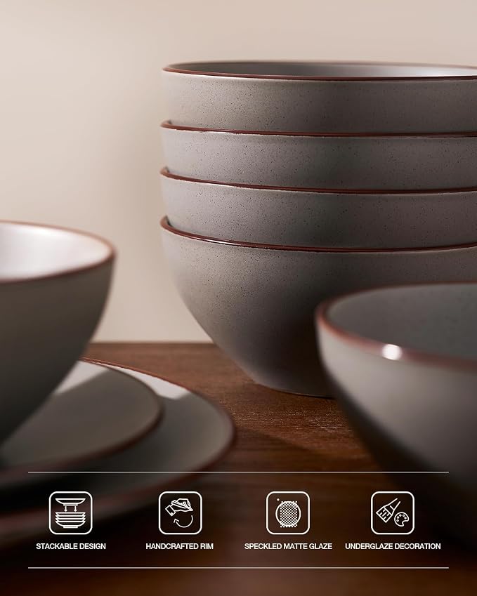 Famiware Venus 24-Piece Stoneware Dinnerware Sets with Mugs, Plates, Bowls, Service for 6, Matte Dark Gray - Modern Ceramic Chip‑Resistant Dishes for Everyday & Formal Use, Microwave & Dishwasher Safe