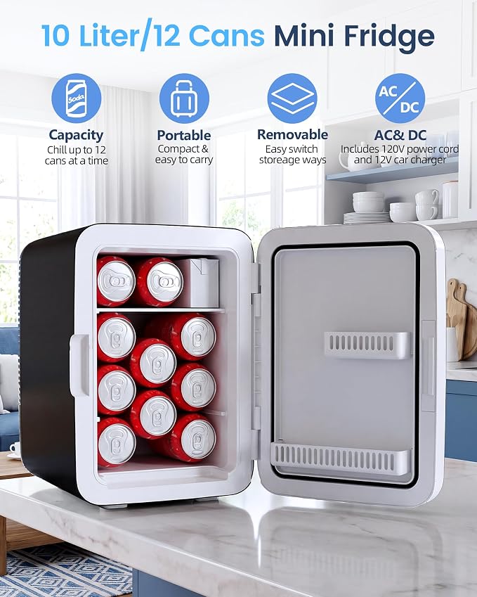 Electactic 10L Mini Fridge, Portable Compact Refrigerator, 2.6 Gal Skincare Cooler with AC/DC Adapter, Quiet Small Personal Fridge for Beverage, Food, Makeup, Bedroom, Office, Black