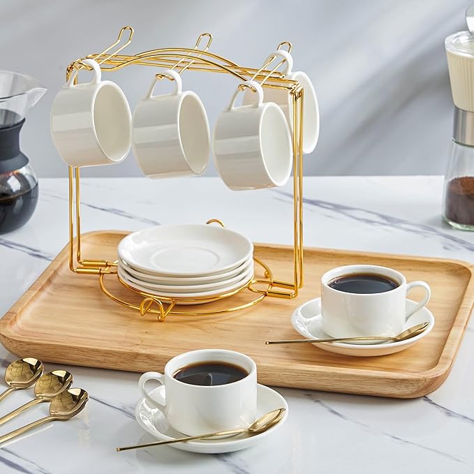 YOLIFE Espresso Cups with Saucers Set and Gold Metal Stand, 2.5oz Expresso Shots Cup with Stand & Saucers, Ceramic Coffee Espresso Cups Set of 6, White