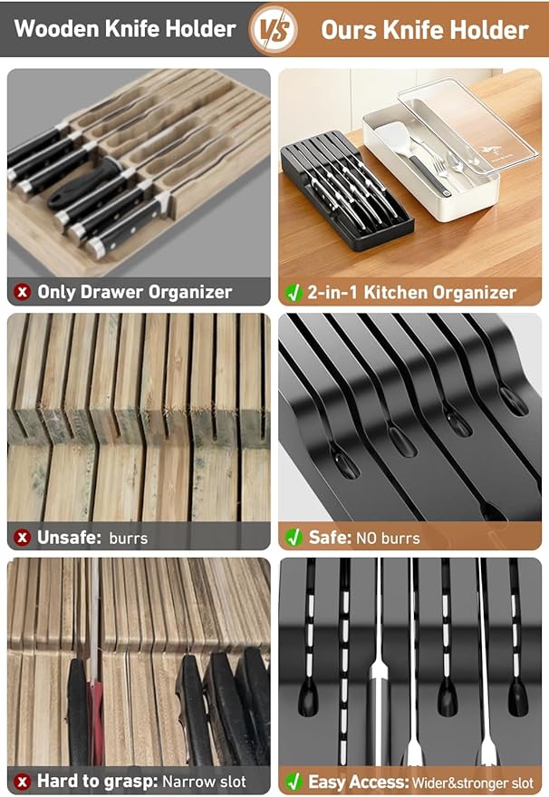 MAD SHARK 2-in-1 Detachable Knife Block & Silverware Organizer, Drawer Knife Holder for 7 Knives, BPA-Free, Blade-Safe Slots, Save Counter Space, Kitchen Drawer or Counter Storage, No Knives