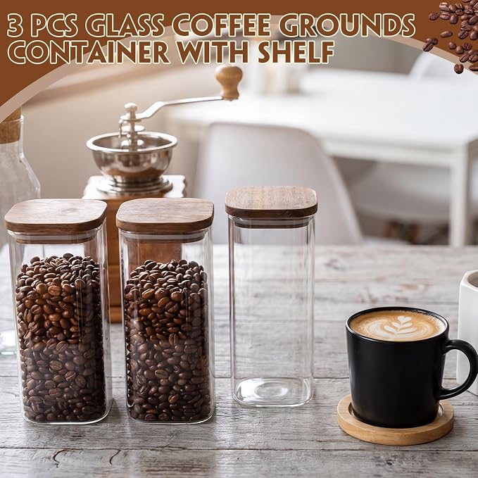 Suclain 3 Pcs 34 oz Glass Coffee Grounds Container with Shelf Glass Coffee Bean Storage Canisters with Airtight Lid and Measuring Spoon Food Storage Jars for Kitchen Sugar (Delicate Style)