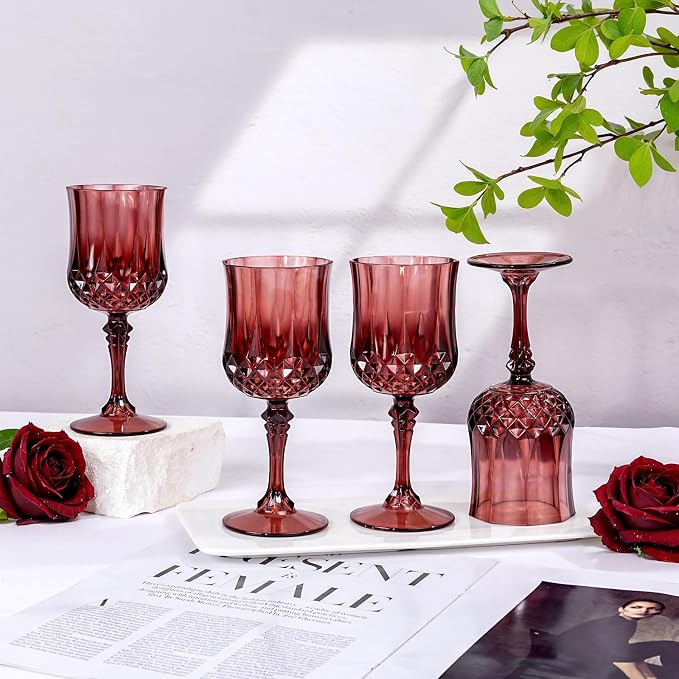 Ciaell 24PCS Burgundy Plastic Wine Glasses - 7 Oz Plastic Goblets for Party - Burgundy Vintage Drinking Glasses - Disposable Water Goblets Set for Wedding, Bar, Wine, Beer, Juice
