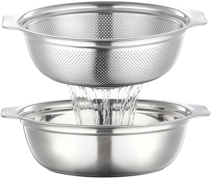 Colander for Kitchen Stainless Steel, 4QT Rice Strainer Bowl with Handle for Washing Pasta, Spaghetti, Vegetables, Fruit, Durable Use, Dishwasher Safe(2PC)
