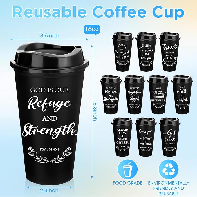 Skylety 20 Pack Bulk Christian Gifts for Men Women 16oz Reusable Bible Verse Tumbler Plastic Coffee Cup with Lid Inspirational Religious Church Gift for Teacher Graduation Party Favor (Black)