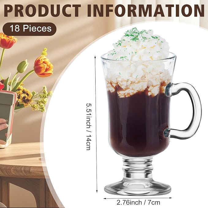 Sieral 18 Pieces Irish Coffee Mugs Bulk 8.5 oz Irish Coffee Glass with Handle Clear Glass Mugs for Wedding Prom Graduation Party Ice Cream Tea Hot Chocolate Espresso Cappuccino Latte Cups