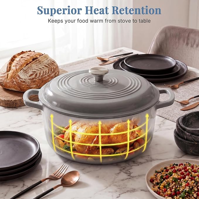 DUMOS Cast Iron Dutch Oven, 6 Quart Pot with Lid, Enameled Heavy Duty Cookware, Oven Safe to 500°F, Perfect for Bread Baking, Braising, Stews and Roasting, Moisture Sealing Lid with Dual Handles, Grey