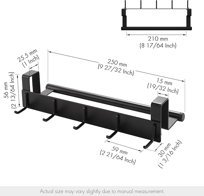 KES Over The Cabinet Door Towel Bar with Hooks, Kitchen Towel Holder with Hooks for Hanging Utensils, Over The Cabinet Door Organizer with Hook 2 Pack, Matte Black, Metal, KUR527-BK-P2