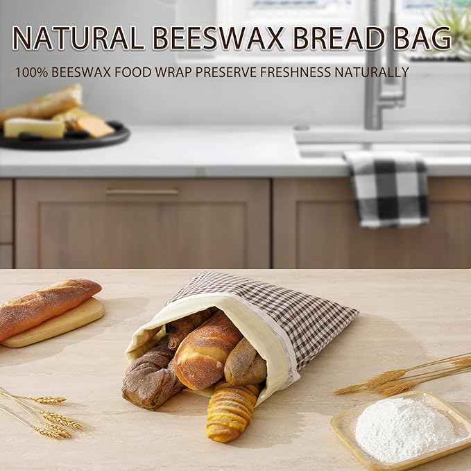 2-Pack Reusable Beeswax Bread Bags for Sourdough, Natural Linen Bag for Homemade Bread，Extend the insurance period(Coffee)